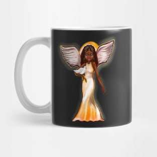 Angel with dove ii- Black angel of peace ! With glow, Afro hair, brown eyes, Cherry pink lips and dark brown skin. Hair love ! Mug